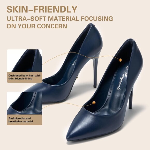 Womens Navy Polyurethane (PU) Pointed Closed Toe Slip On Heels Leather Pumps - Picture 4 of 6